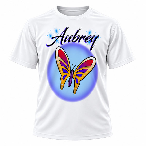 Personalized Butterfly T-Shirt, front-view T-shirt mockup featuring custom Air-Volution artwork by Mythic Airbrush