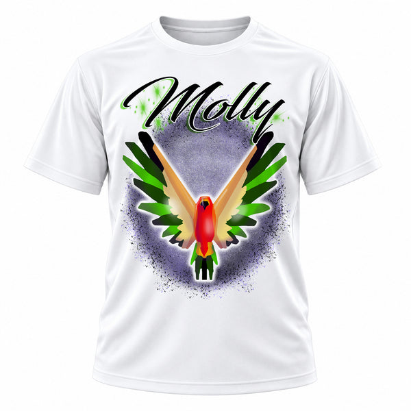 Personalized Bird T-Shirt, front-view T-shirt mockup featuring custom Air-Volution artwork by Mythic Airbrush