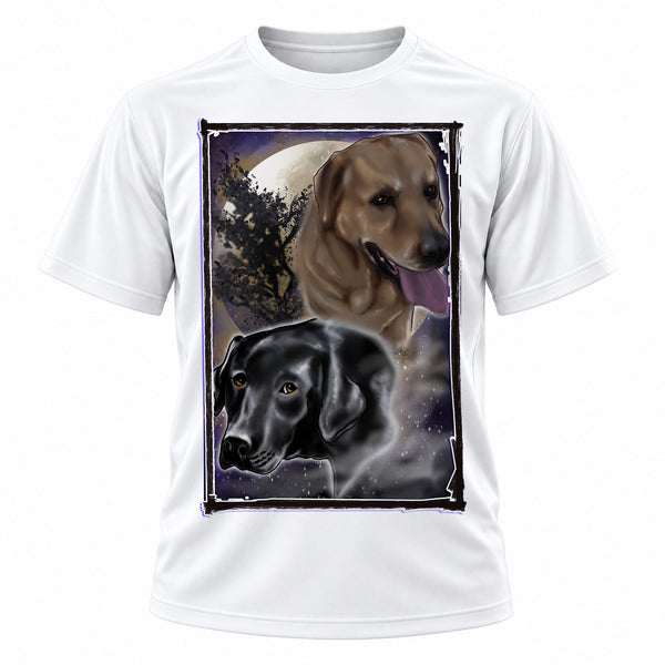 Personalized Labrador Dogs T-Shirt, front-view T-shirt mockup featuring custom Air-Volution artwork by Mythic Airbrush