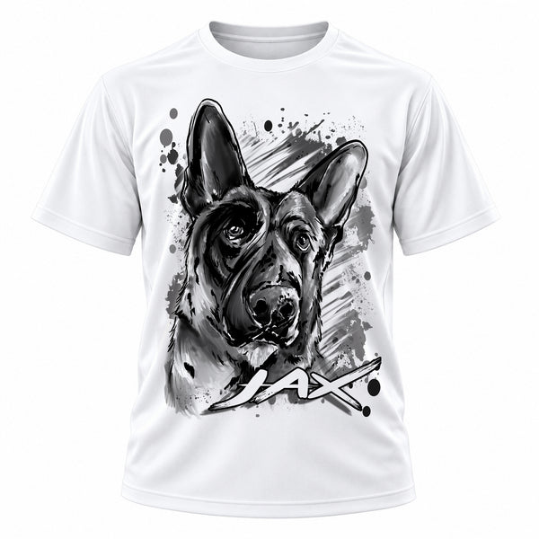Personalized German Shepherd T-Shirt, front-view T-shirt mockup featuring custom Air-Volution artwork by Mythic Airbrush
