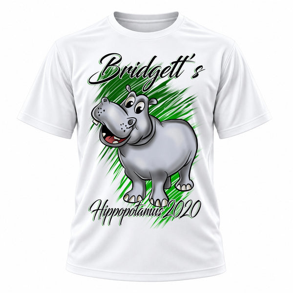 Personalized Cartoon Hippo T-Shirt, front-view T-shirt mockup featuring custom Air-Volution artwork by Mythic Airbrush