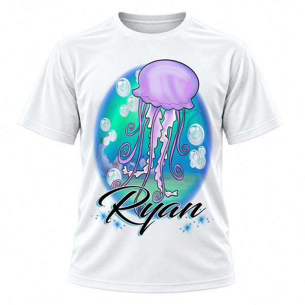 Personalized Jellyfish T-Shirt, front-view T-shirt mockup featuring custom Air-Volution artwork by Mythic Airbrush
