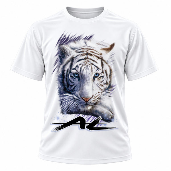 Personalized White Tiger T-Shirt, front-view T-shirt mockup featuring custom Air-Volution artwork by Mythic Airbrush