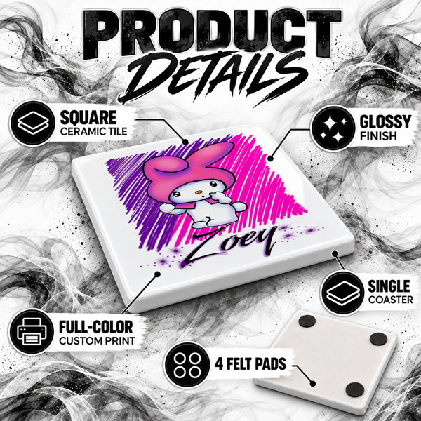 LB005 Kitty Rabbit ceramic coaster by Mythic Airbrush, original Air-Volution design — product image 3