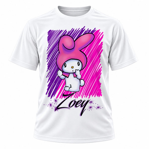 Personalized Kitty Rabbit T-Shirt, front-view T-shirt mockup featuring custom Air-Volution artwork by Mythic Airbrush