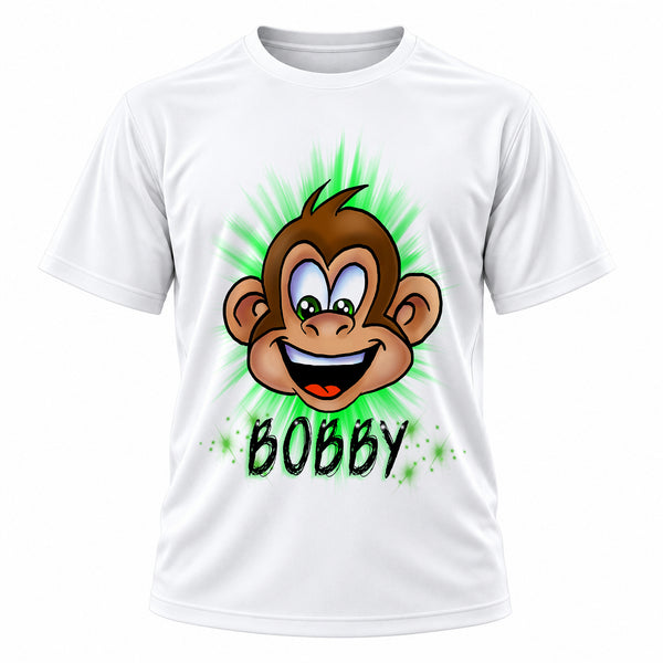 Personalized Little Monkey T-Shirt, front-view T-shirt mockup featuring custom Air-Volution artwork by Mythic Airbrush