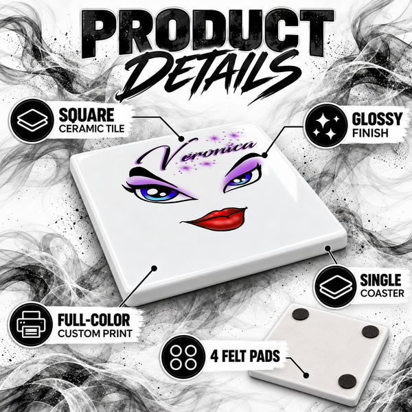 LB012 Brat Diva Eyes and Lips ceramic coaster by Mythic Airbrush, original Air-Volution design — product image 3