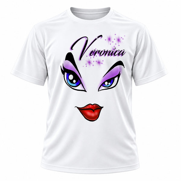 Personalized Brat Diva Eyes and Lips T-Shirt, front-view T-shirt mockup featuring custom Air-Volution artwork by Mythic Airbrush