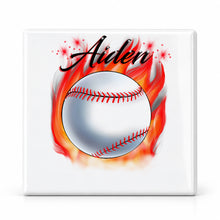 LG001 Flaming Baseball ceramic coaster by Mythic Airbrush, original Air-Volution design — main image