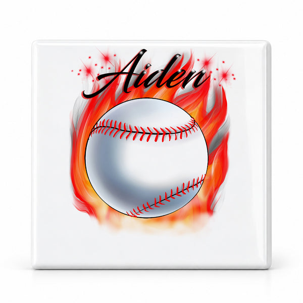 LG001 Flaming Baseball ceramic coaster by Mythic Airbrush, original Air-Volution design — main image