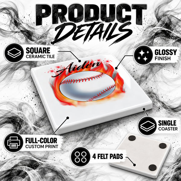 LG001 Flaming Baseball ceramic coaster by Mythic Airbrush, original Air-Volution design — product image 3