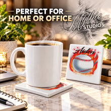 LG001 Flaming Baseball ceramic coaster by Mythic Airbrush, original Air-Volution design — product image 4