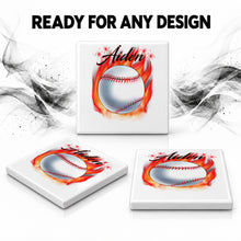 LG001 Flaming Baseball ceramic coaster by Mythic Airbrush, original Air-Volution design — product image 7