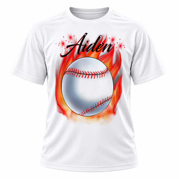 Personalized Flaming Baseball T-Shirt, front-view T-shirt mockup featuring custom Air-Volution artwork by Mythic Airbrush