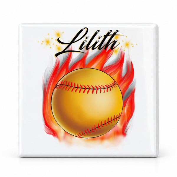 LG004 Flaming Softball Bat ceramic coaster by Mythic Airbrush, original Air-Volution design — main image