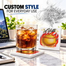 LG004 Flaming Softball Bat ceramic coaster by Mythic Airbrush, original Air-Volution design — product image 2