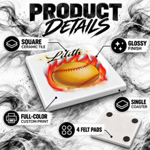 LG004 Flaming Softball Bat ceramic coaster by Mythic Airbrush, original Air-Volution design — product image 3