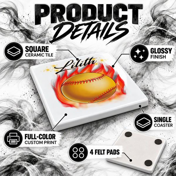 LG004 Flaming Softball Bat ceramic coaster by Mythic Airbrush, original Air-Volution design — product image 3