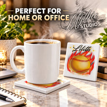 LG004 Flaming Softball Bat ceramic coaster by Mythic Airbrush, original Air-Volution design — product image 4