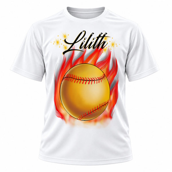 Personalized Flaming Softball Bat T-Shirt, front-view T-shirt mockup featuring custom Air-Volution artwork by Mythic Airbrush