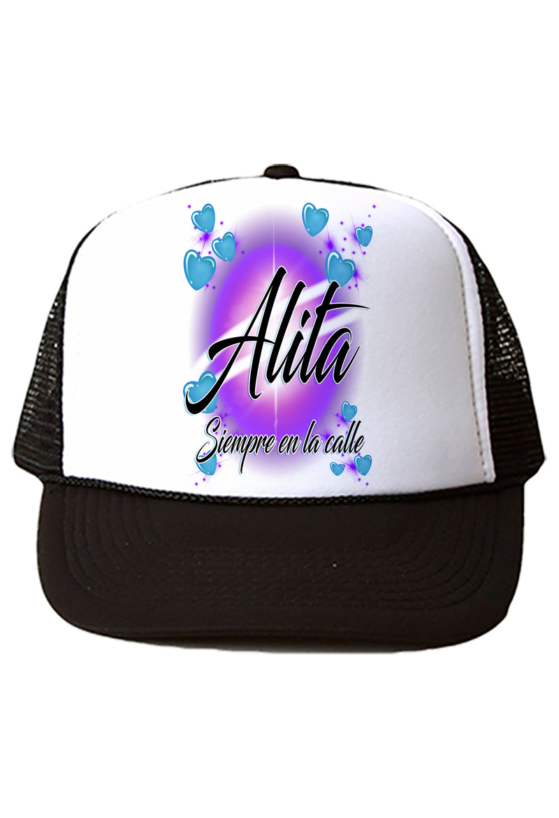 A019 Digitally Airbrush Painted Personalized Custom Hearts Name Design    Snapback Trucker Hats
