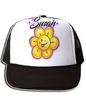 B034 Personalized Airbrush Flower Smiley Snapback Trucker Hat