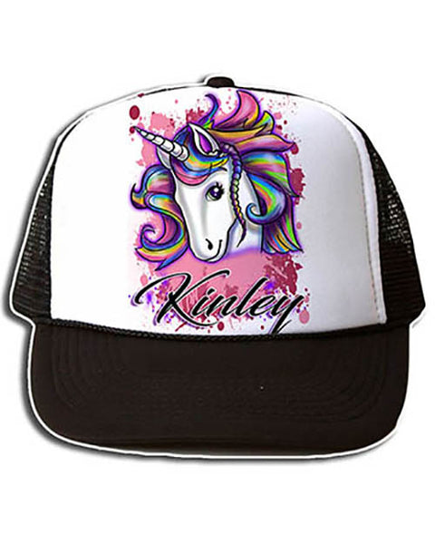 B142 Personalized Airbrush Unicorn Snapback Trucker Hat