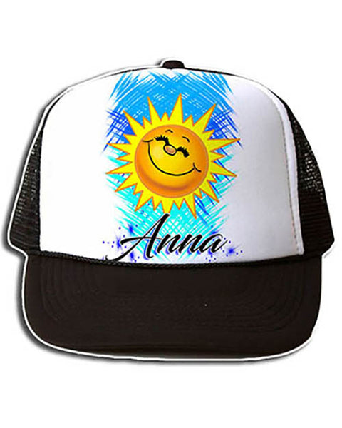 B146 Personalized Airbrush Sunshine Smiley Snapback Trucker Hat