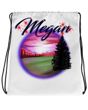 E007 Digitally Airbrush Painted Personalized Custom Sunset Mountain Scene Drawstring Backpack Colorful Landscape party Couples Theme gift Bday
