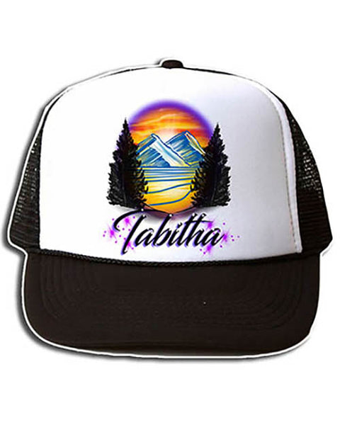 E008 Personalized Airbrush Mountain Scene Snapback Trucker Hat