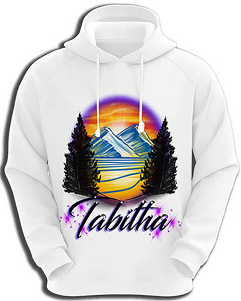 E008 custom personalized airbrush Mountain Water Scene Hoodie Sweatshirt Tree Landscape