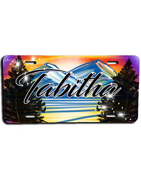 E008 Personalized Airbrush Mountain Scene License Plate Tag