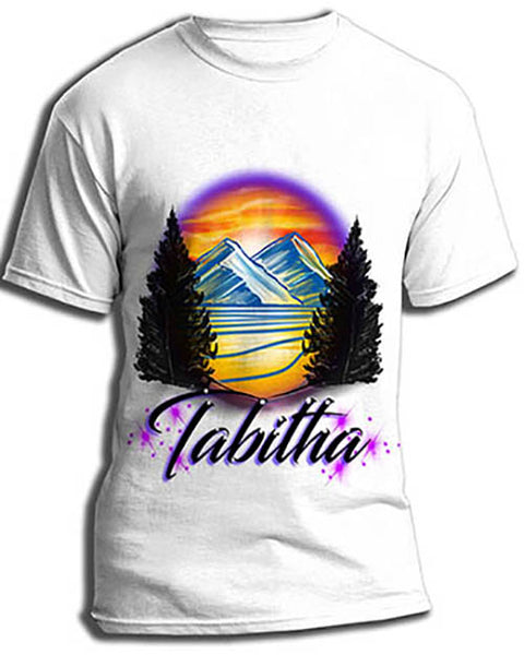 E008 custom personalized airbrush Mountain Water Scene Tee Shirt Evergreen Tree Landscape