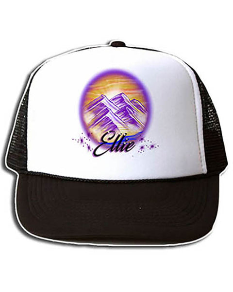 E010 Personalized Airbrush Mountain Scene Snapback Trucker Hat