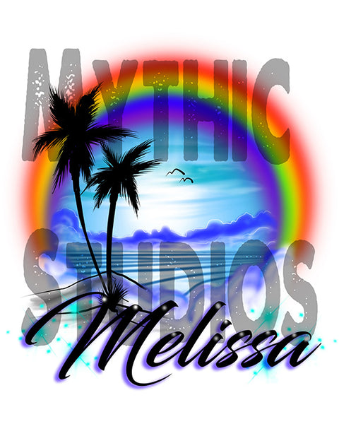 E012 custom personalized airbrush Rainbow Beach Water Scene Hoodie Sweatshirt