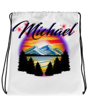 E013 Digitally Airbrush Painted Personalized Custom Mountain Water Scene Drawstring Backpack tree Colorful Landscape party Couples Theme gift bachelorette