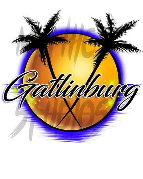 E015 Digitally Airbrush Painted Personalized Custom Gatlinburg sunset Scene Drawstring Backpack Colorful Landscape party Couples Theme gift bachelorette palms