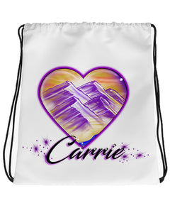 E016 Digitally Airbrush Painted Personalized Custom Heart Mountain sunset Scene Drawstring Backpack Colorful Landscape party Couples Theme gift bachelorette