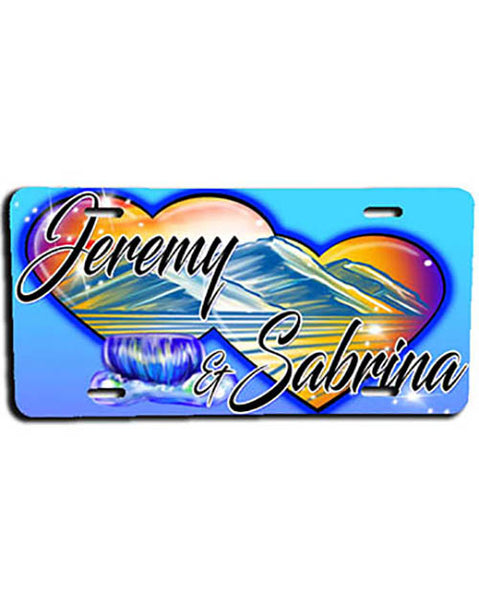 E017 Personalized Airbrush Hearts Mountain Landscape License Plate Tag