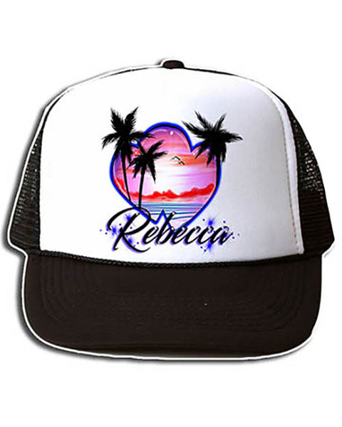 E018 Personalized Airbrush Heart Beach Landscape Snapback Trucker Hat