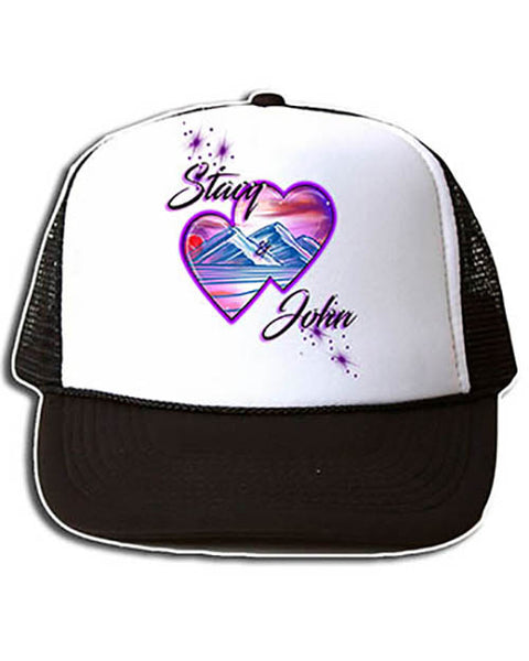 E019 Personalized Airbrush Hearts Mountain Landscape Snapback Trucker Hat