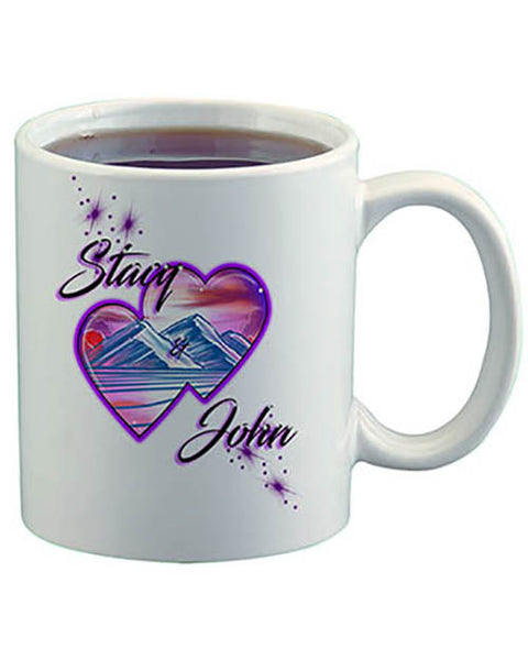 E019 Personalized Airbrush Hearts Mountain Landscape Ceramic Coffee Mug