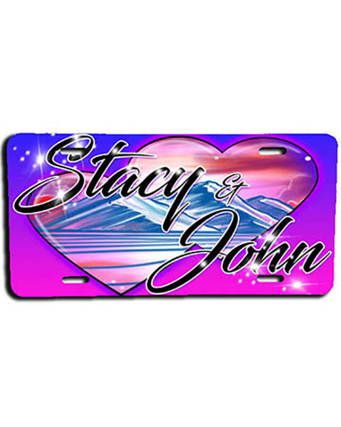 E019 Personalized Airbrush Hearts Mountain Landscape License Plate Tag