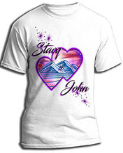 E019 custom personalized airbrush Hearts Mountain sunset Scene Tee Shirt