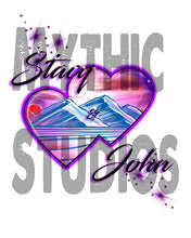 E019 custom personalized airbrush Hearts Mountain sunset Scene Tee Shirt