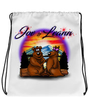 E020 Digitally Airbrush Painted Personalized Custom Bears Mountain sunset Scene Drawstring Backpack Colorful Landscape party Couples Theme gift wedding present