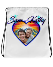 E022 Digitally Airbrush Painted Personalized Custom Photo Heart sunset Scene Drawstring Backpack Colorful Landscape party Couples Theme gift wedding present
