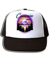 E023 Personalized Airbrush Mountain Sunset Landscape Snapback Trucker Hat