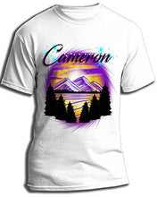 E023 custom personalized airbrush Mountains sunset Trees Scene Tee Shirt