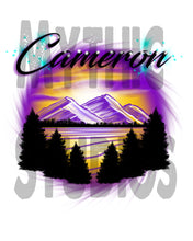 E023 Personalized Airbrush Mountain Sunset Landscape Snapback Trucker Hat